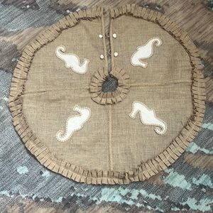Christmas tree skirt with seahorses. Burlap with burlap ruffle